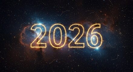 Bright constellation effect spells 2026 over an astronomical night sky