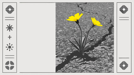 Two Yellow Flowers Growing Through Crack in Asphalt Resilience Nature Photography.