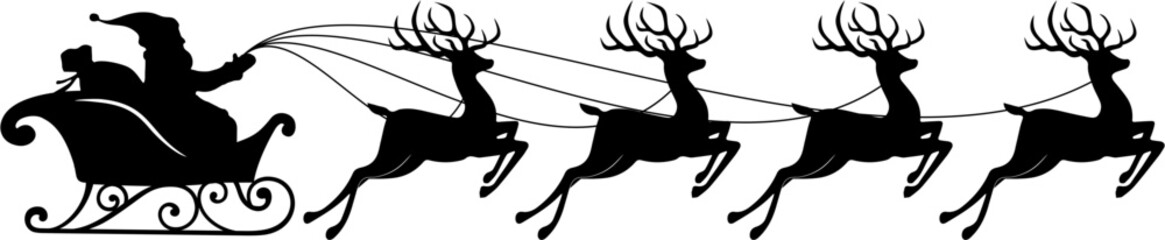 Black and white silhouettes of Santa Claus's sleigh