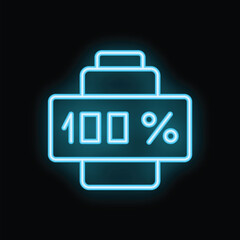 Glowing blue neon battery icon indicating a full charge against a dark backdrop