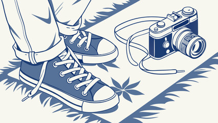 Vintage Camera and Sneakers Stylish Illustration Design.