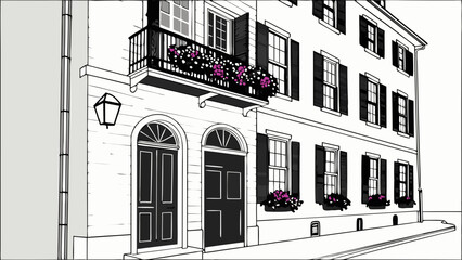 Vintage Building Facade with Balcony Flowers and Shutters Black and White Illustration.