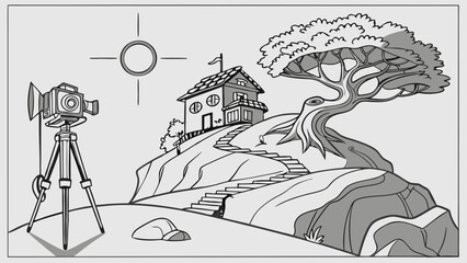 Vintage Camera on Tripod Photographing a House on a Hill with a Tree Illustration.