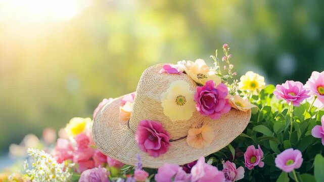Sunlit straw hat with colorful flowers in garden