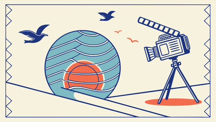 Vintage Illustration of Birds Circle with Orange and Camera Retro Poster Style.