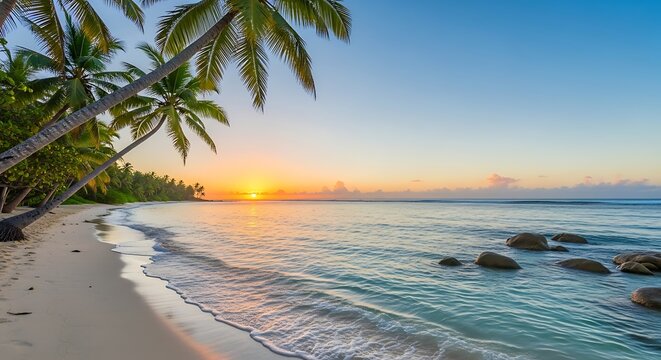 Tropical beach at sunrise with palm trees and calm ocean - Powered by Adobe