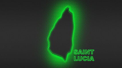 Neon Green Saint Lucia Map Outline Futuristic Digital Glow Halftone Illustration