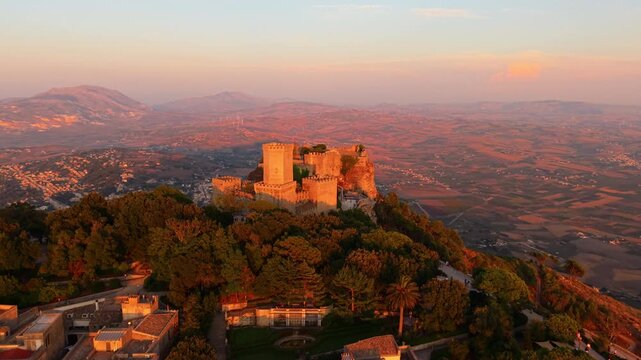 Castle of Venus (Castello di Venere) During Golden Hour On Top Of Monte Erice In Sicily, Italy. - aerial shot
