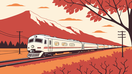 Vintage train journey through autumnal landscape scenic railroad travel mountain backdrop illustration.