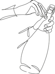 One continuous single drawing line art flat doodle bottle, celebration, hand, event, festive, drink, luxury, alcohol. Isolated image hand draw contour on a white background, hand drawn, not AI