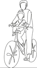 One continuous single drawing line art flat doodle children, mother, family, bicycle, woman, happy, bike. Isolated image hand draw contour on a white background, hand drawn, not AI
