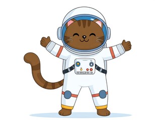 Cute Cartoon Cat Astronaut in Space Suit with Smiling Face and Friendly Gesture