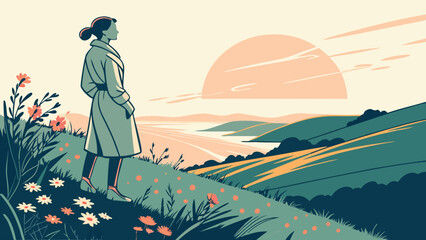Woman admiring scenic landscape at sunset stylized illustration vector art nature hills flowers calm peaceful serene travel wanderlust adventure journey relaxation contemplation mi.