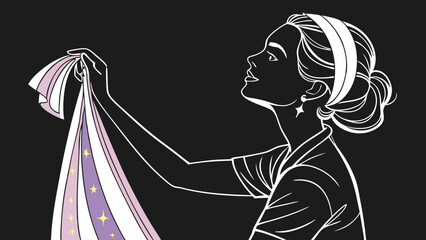 Woman Holding a Striped Fabric with Star Motif against Black Background.