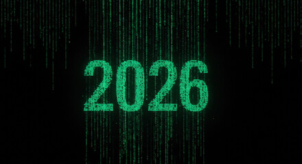 2026 formed from glowing digital green code