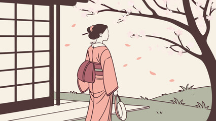 Woman in traditional clothing under cherry blossoms.