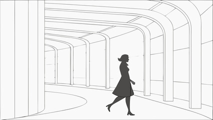 Woman Walking in a Modern Architectural Setting.