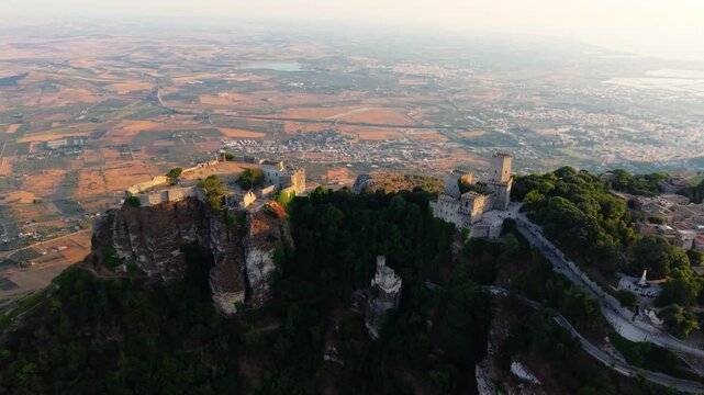 Medieval Castle of Venus, Castle of Balio And Torretta Pepoli In Monte Erice, Sicily, Italy. - aerial shot