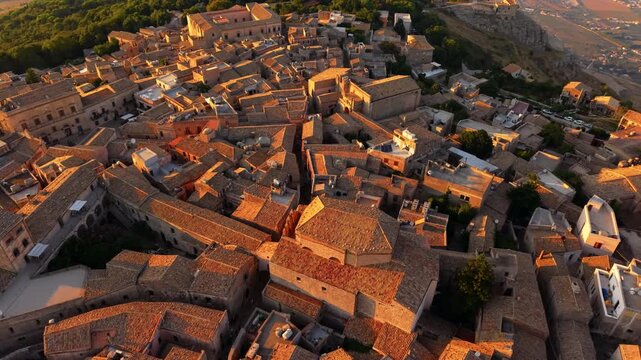 Erice Village Residential Houses, Street And Church At Sunset In Sicily, Italy. - aerial shot