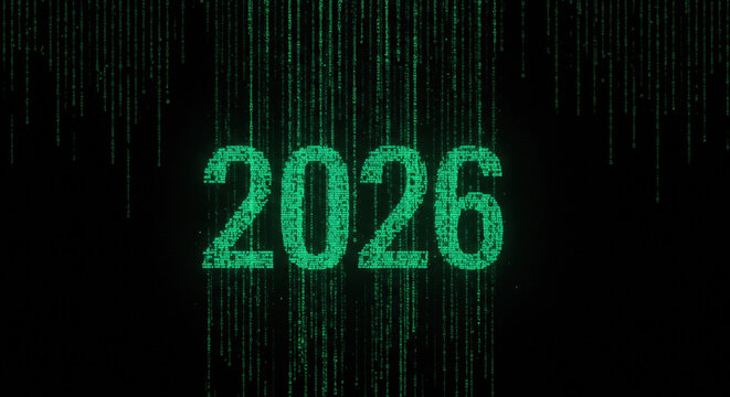 2026 formed from glowing digital green code - Powered by Adobe