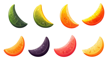 Illustration of colorful fruit slices on a black background on transparent background