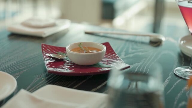 Delicious bisque appetizer served in a bowl on a restaurant table.