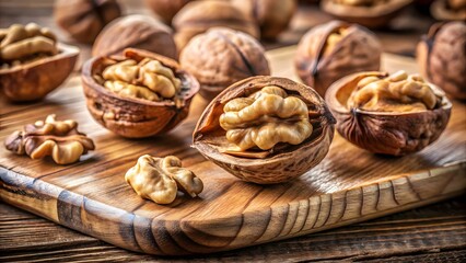 Obraz premium Fresh cracked walnuts intricate kernels on rustic wooden board