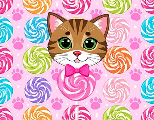 Cute cartoon cat with lollipops and paw prints on a pink background