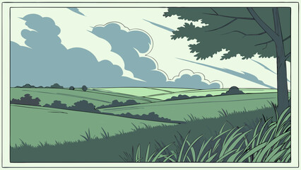 Obraz premium Rolling Hills Landscape Green Meadow Summer Day Cloudy Sky Nature Scene Vector Illustration Pastoral Scene Countryside View Cartoon Style Graphic Design Element.