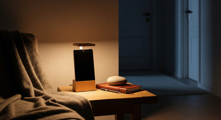 Naklejka premium Modern Interior Warm Light Bedside Lamp with Smartphone Device Technology