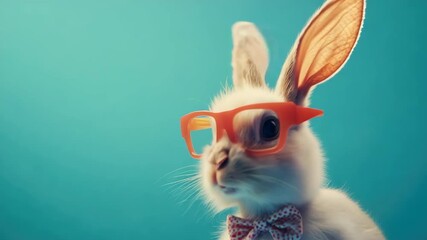 Cute white rabbit wears glasses and bow tie against blue background