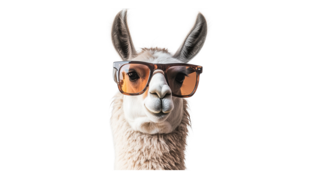 A llama wearing sunglasses against a black background view on transparent background