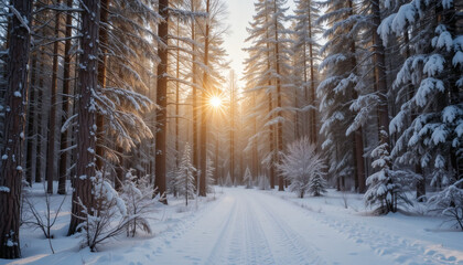 Obraz premium A snow-covered pine forest at dawn with golden sunlight peeking through the trees 
