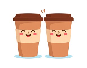 Cute cartoon coffee cups with happy faces isolated on white background