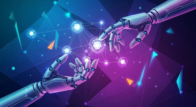 Futuristic AI Integration Robotic Hands Connecting in a Digital Network