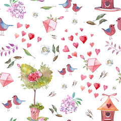 seamless pattern with hearts, birds houses and flowers,
baby shower