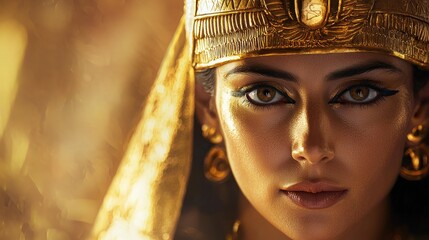 A captivating close-up portrait of a woman in an ornate golden Egyptian pharaoh' headdress and shimmering gold makeup, embodying ancient royalty and majestic elegance.