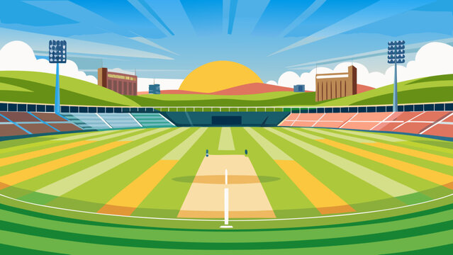 Vector art of cricket stadium with pitch for sport concept