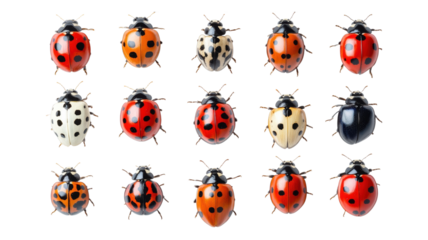 Collection of ladybugs with different colors and patterns on transparent background