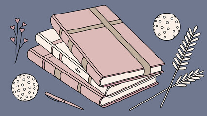 Stack of notebooks floral elements and pen on a colorful background.