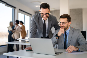 Bankers in a finance office manages portfolios, credit, risk and financial strategy with expertise