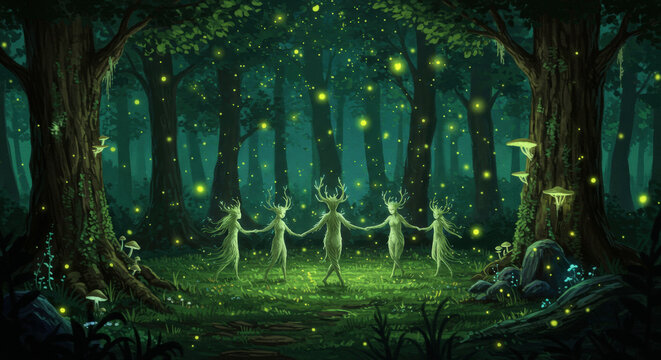 Enchanted woodland creatures gather amid twinkling lights for a mystical ritual