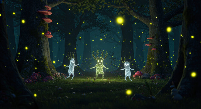 Magical forest spirits dancing with glowing fireflies in moonlit woods