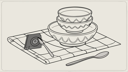 Stacked Decorative Bowls on Placemat with Utensils.