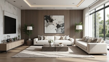 Fototapeta premium Experience modern living in a stylish living room interior with comfortable sofas, abstract art, and natural light creating a soothing, inviting space