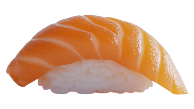 Close up of a single piece of salmon nigiri sushi food on transparent background