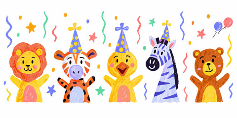 Cute cartoon animals wearing party hats celebrating with confetti and balloons