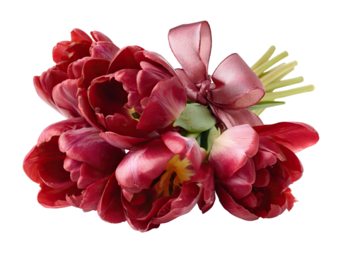 Romantic double red tulip bundle tied with satin ribbon on transparent background**