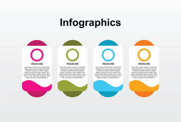 Infographic four colorful circular infographics with curved bases and bold headlines stand out.