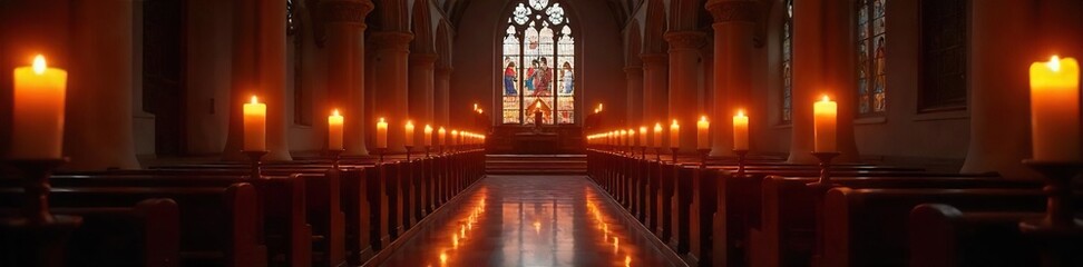 Candlelit Church Interior Peaceful and Spiritual Atmosphere of Faith and Devotion